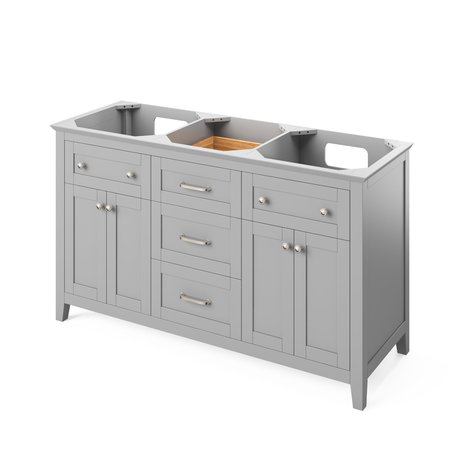 JEFFREY ALEXANDER 60" Grey Chatham Vanity, double bowl, White Carrara Marble Vanity Top, two undermount rectangle bowls VKITCHA60GRWCR